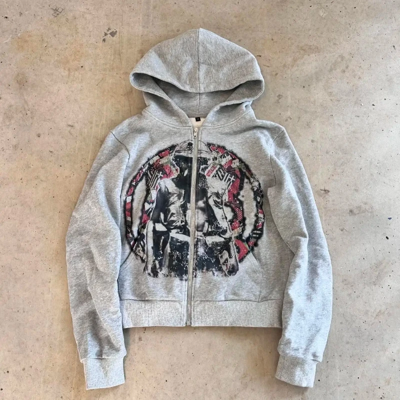 Europeu e americano outono e inverno esportes com capuz pulôver retro impressão fotos homens e mulheres mesmo cinza solto hoodie