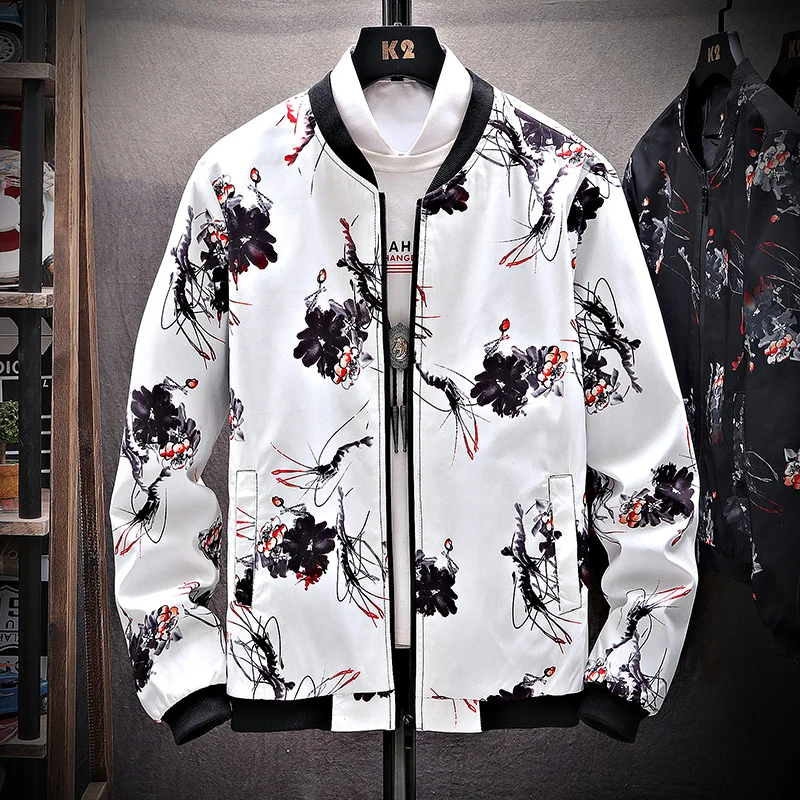 YASUGUOJI New 2022 Spring and Autumn Boutique Japanese Style Print Stand Collar Mens Jacket Casual Slim Fit Male Coat