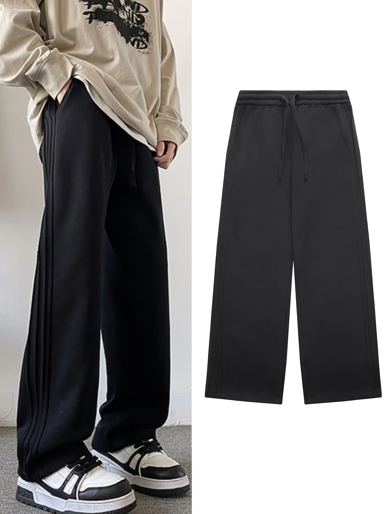 

Men's autumn casual straight leg pants, cotton blend fabric, elastic waist with drawstring, pleated design