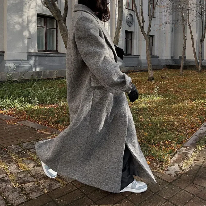 Abrigo largo de manga larga con cuello vuelto para mujer, chaqueta elegante con bolsillo y doble botonadura, moda de otoño e invierno