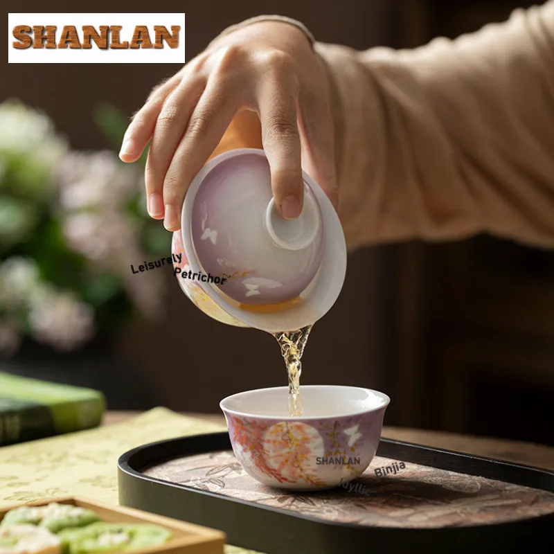 100 مللي النقي رسمت باليد القمر الظل الوستارية Gaiwan الإبداعية الشاي تورين براد شاي مع غطاء عدة صانع الشاي غطاء وعاء الشاي العناصر #5