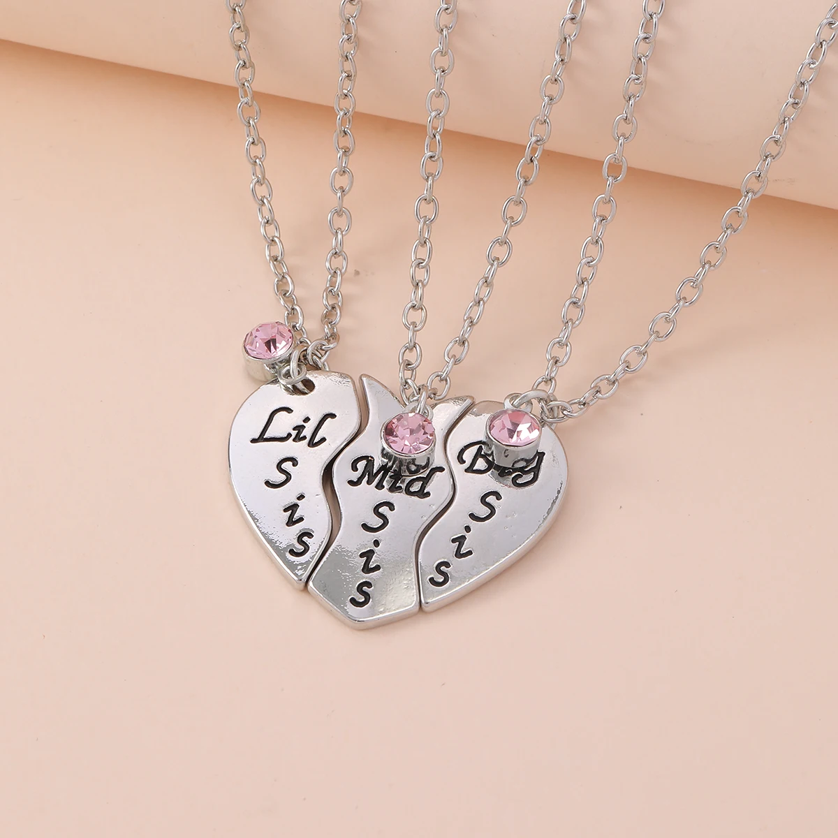 Cute Broken Heart Puzzle Big Mid Little Sis Pink Crystal Charm Pendant Necklace Set For 3 Best Sister Friends Gift