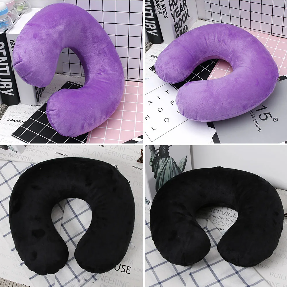 U-shaped Travel Pillow Car Air Flight Office Inflatable Neck Pillow Short Plush Cover PVC Support Headrest Soft Nursing Cushion