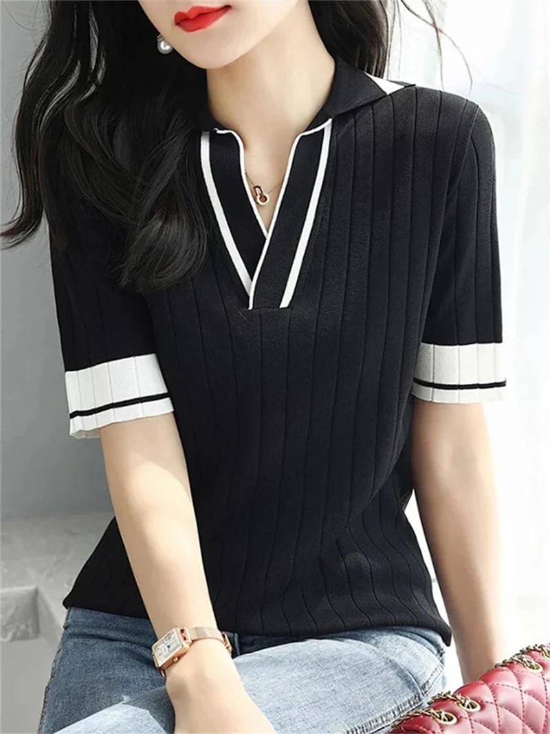 Summer new contrasting color short sleeved T-shirt for women\'s casual versatile polo collar knit sweater for women\'s top 8506