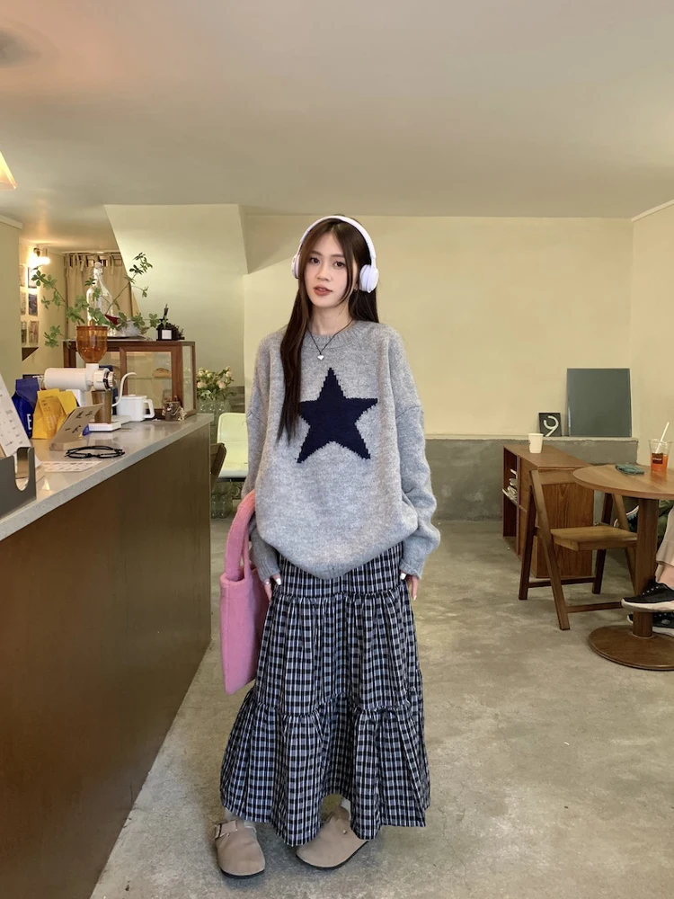 Star Gray Sweater Knitted Top Pullover &Plaid Skirt Midi Long Skirts Women #y2k 2000s aesthetic korean cloth winter fall jumpers