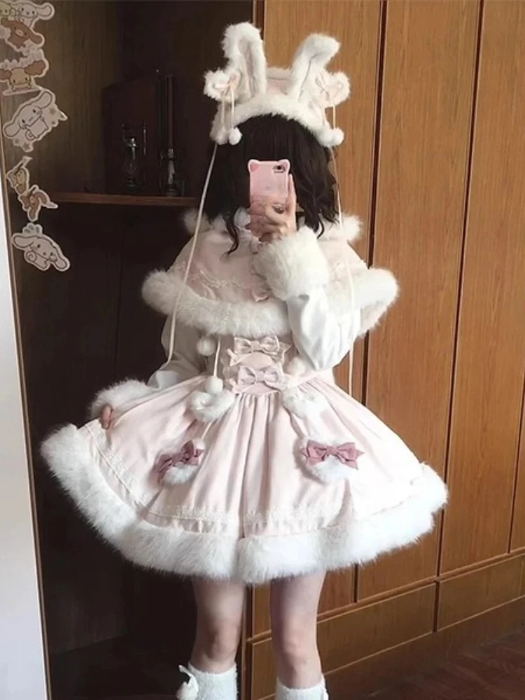 Harajuku Sweet Kawaii Winter 2 Piece Set Women Design Rabbit Ear Cloak Coat + Pink Strap Skirts Japanese Cute Bow Lovely Outfits image 5