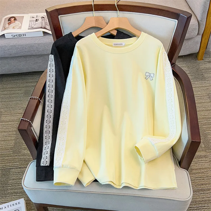 

175Kg Plus Size Women's Bust 170 Autumn Loose Long Sleeved Rhinestone Lace Sweatshirt Black Yellow 4XL 5XL 6XL 7XL 8XL 9XL