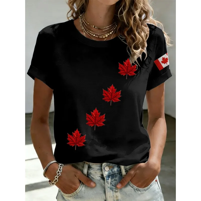 Ilstile Women's Canada Maple Leaf Print T-Shirts Summer Loose Tops Short-Sleeve Casual Loose-Fit Crew Neck Tees New Arrival