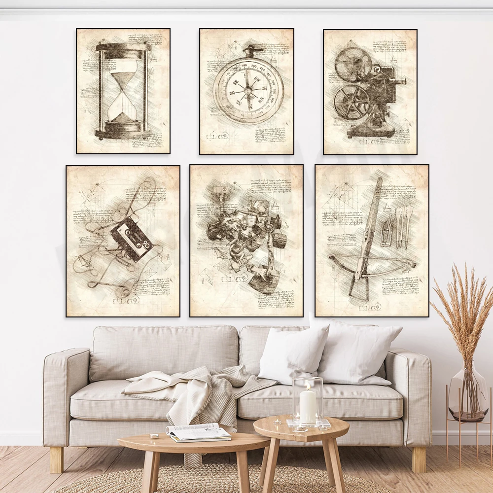 Vintage Leonardo da Vinci sketches, cello, hourglass, compass, light bulb, drum kit, cassette tape, hard drive, canvas poster