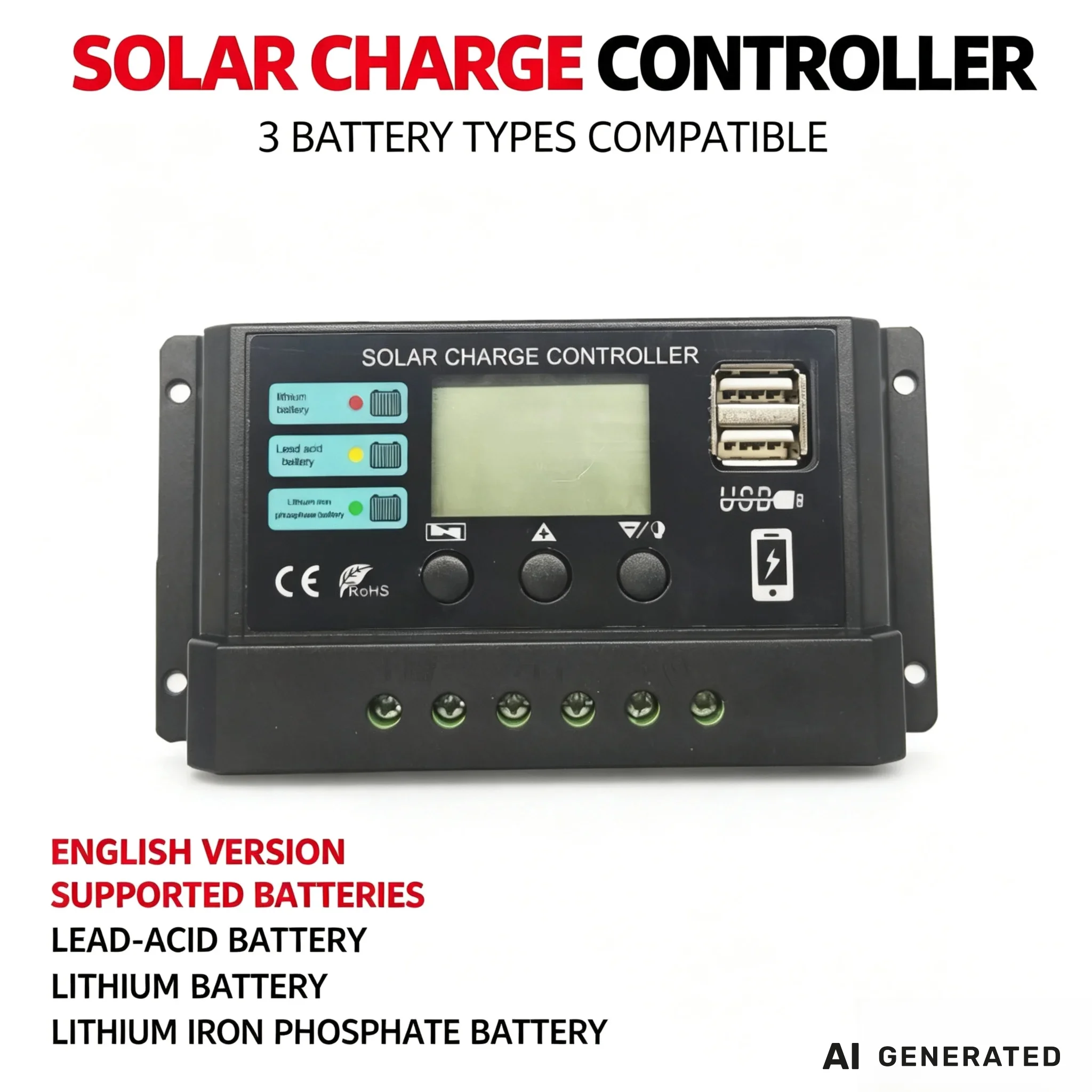 12V 24V Auto 10A 20A 30A PWM PV Solar Charge Controller For 3 Battery Lead Acid Lithium LiFePO4 System