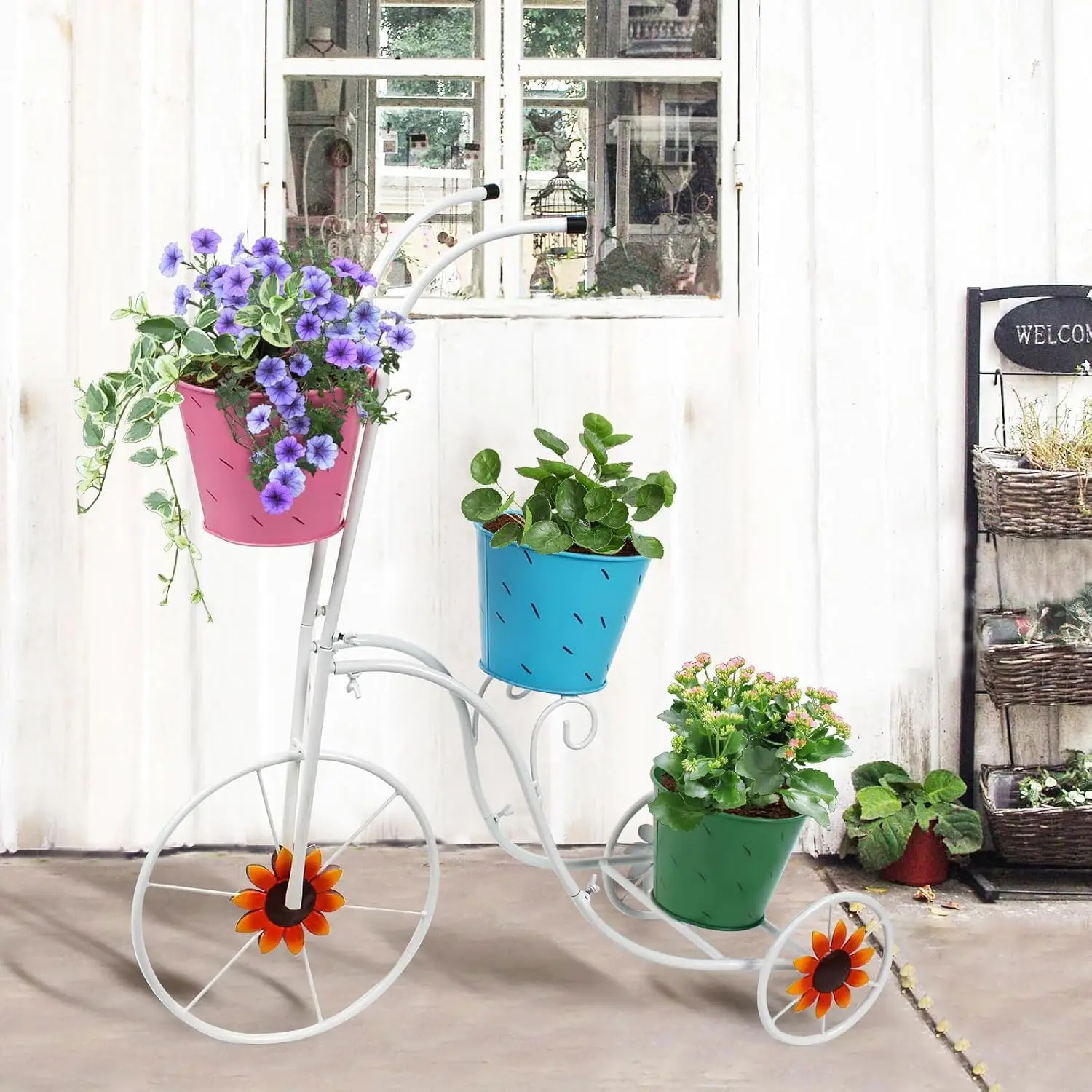 Tricycle Planter Stand with 3 Plant Bucket, White Metal Tricycle Planter, 3 Tier Floral Flower Plant Stand Holder Hand Painted O