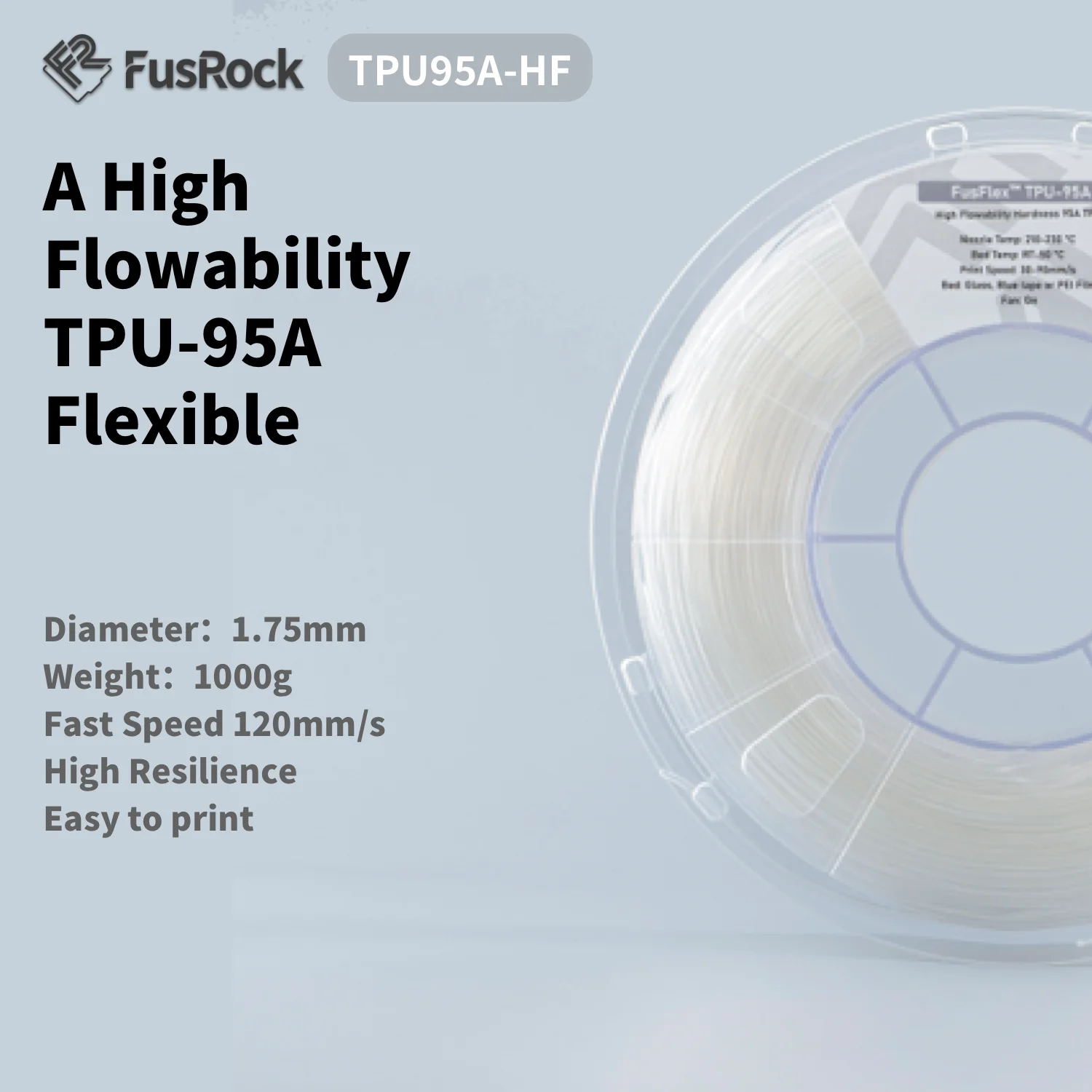 TPU 95A High Flow Filament 1.75mm，TPU95A-HF Flexible 3D Printer Filament Fit Most FDM 3D Printers，High Resilience，Suitable for