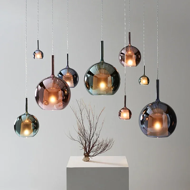 Nordic Gradient Glass Bubble Pendant Lights LED Chandeliers for Bedroom Kitchen Home Staircase Restaurant Bedside Decor Lighting