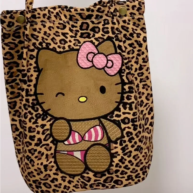 MBTI Y2k Hello Kitty Shoulder Bag for Women Canvas Leopard Print Embroidery Cartoon Handbag Hong Kong Style Fashion Armpit Bag