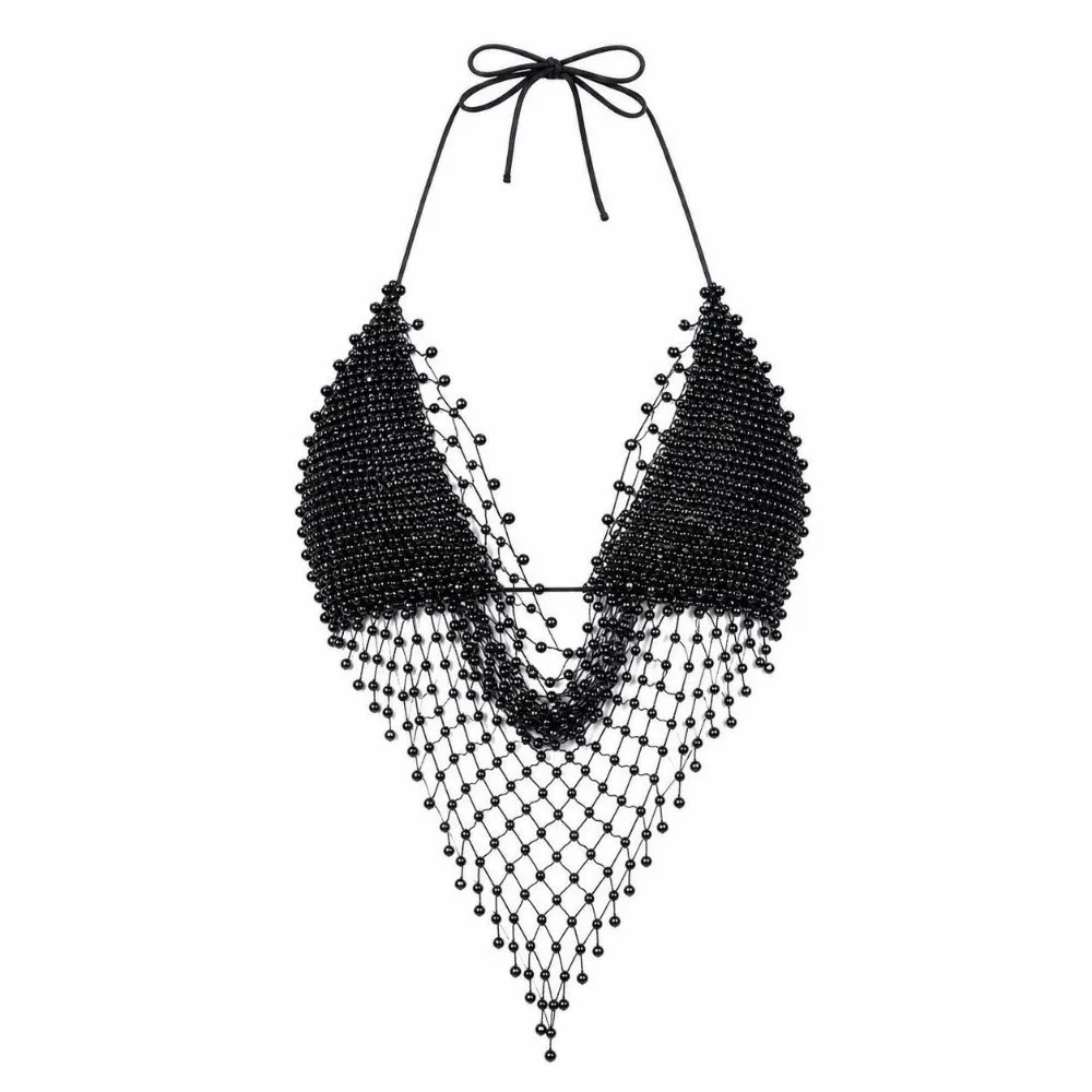 Sexy Y2K Fishnet Tank Top Hollow Out Rhinestone Decor Body Chain Fishnet Mesh Texture Halter Crop Top