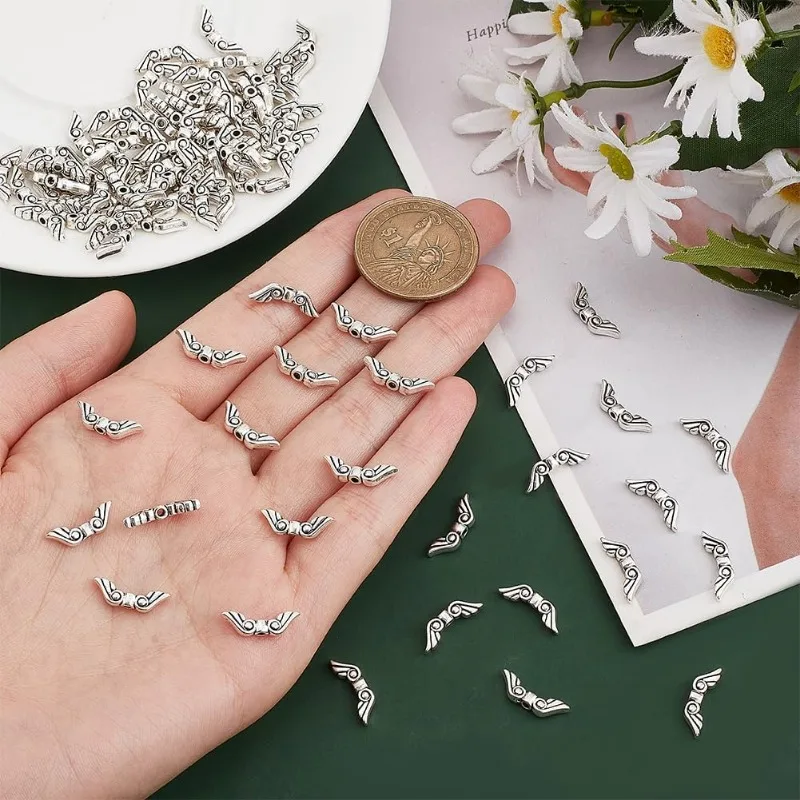 100pcs Angel Wing Charms Tibetan Style Wing Spacer Beads Tibetan Style Easter Angel Wing Charms for DIY Handmade Earring Necklac