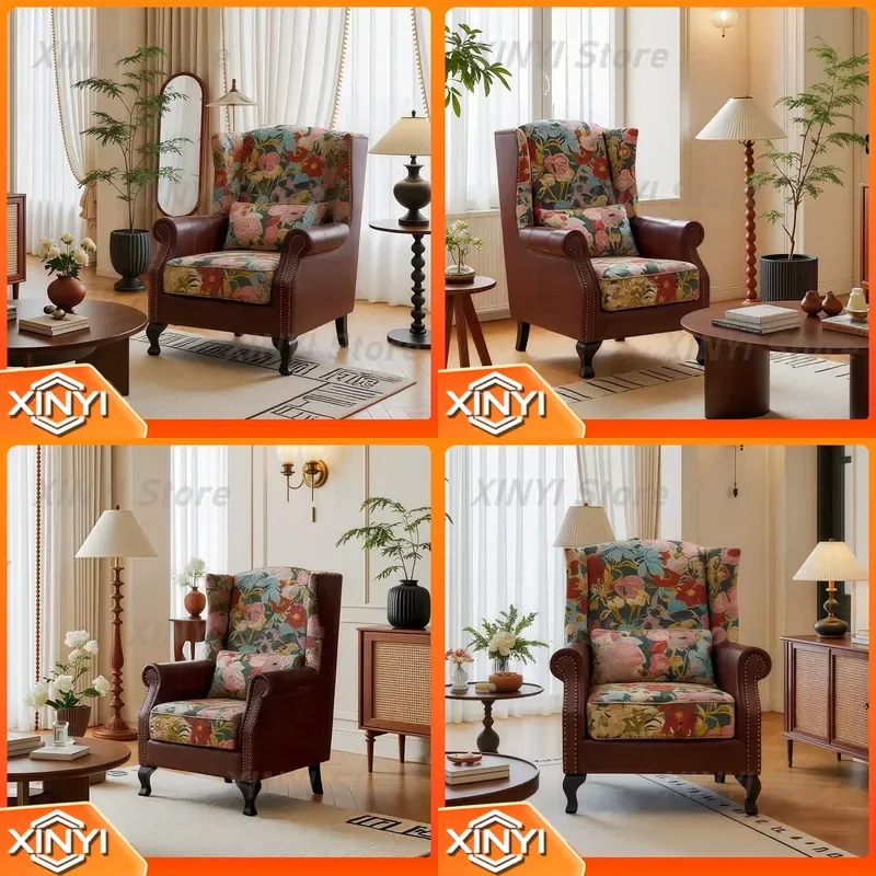 American Retro Fabric Single Sofa Chair for Living Room Home Bedroom French Medieval Designer High Back Tiger Chair