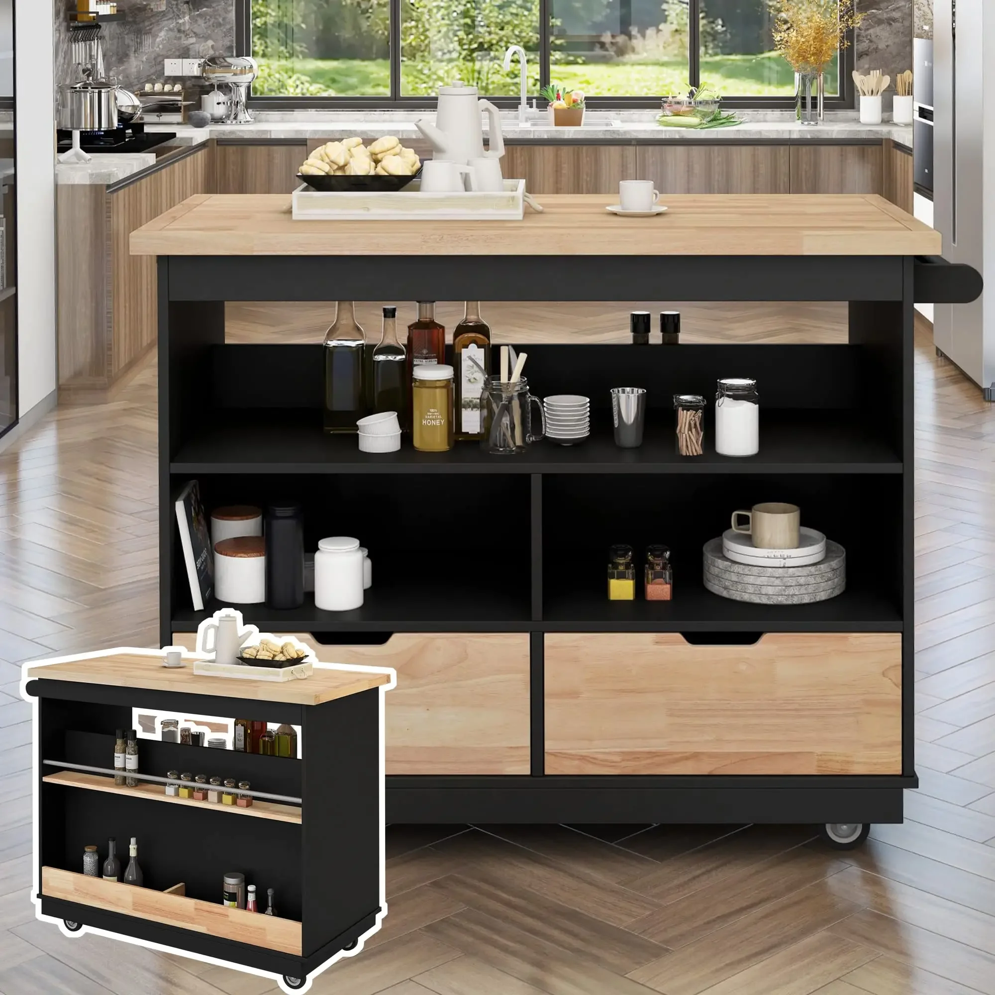 Rolling Mobile Kitchen Island, Carrinho De Armazenamento Lateral, Carrinho De Ilha De Cozinha