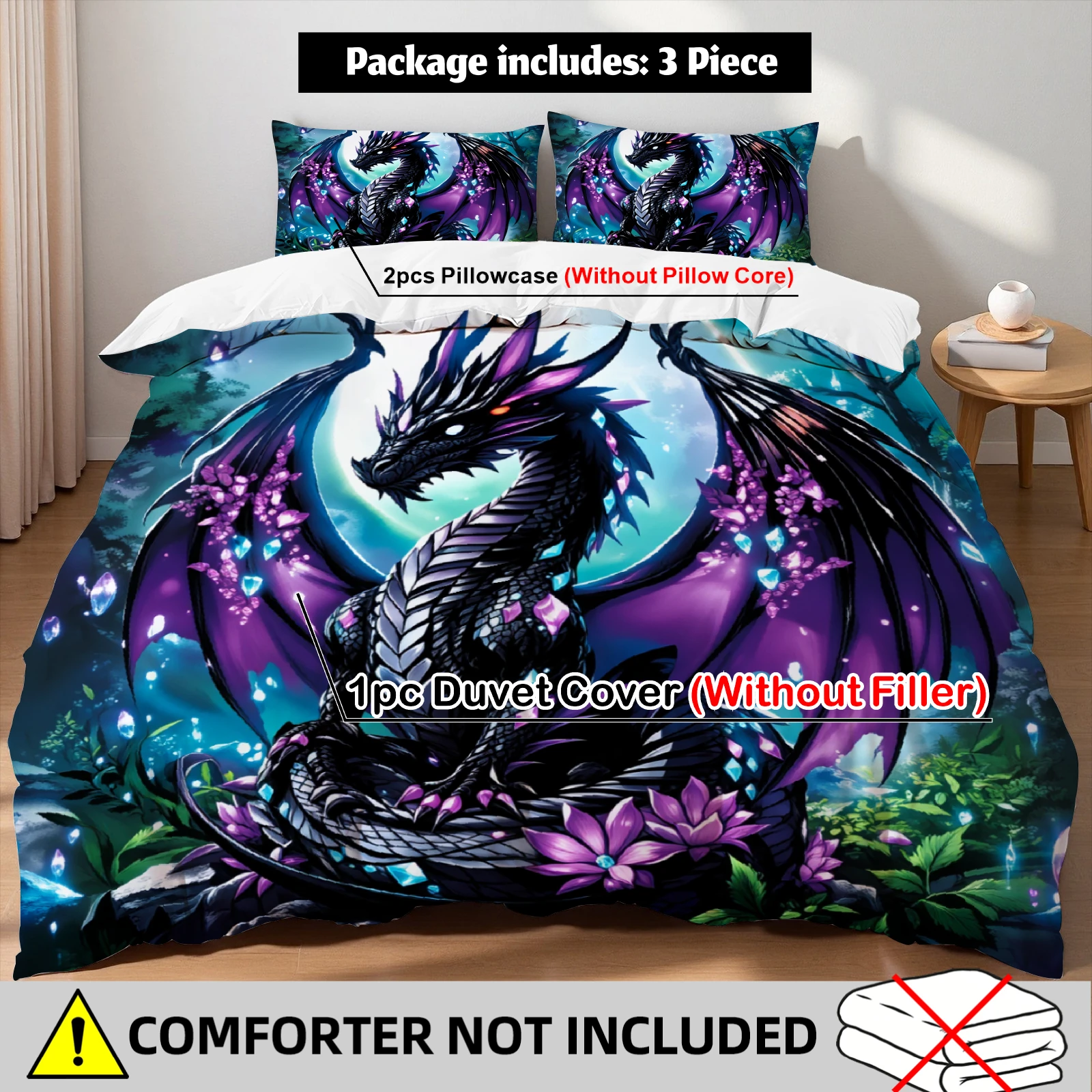 

Комплект постельного белья с изображением фиолетового кристаллического дракона, комплект постельного белья с изображением мифических существ для любителей фэнтези, для спальни, размер Twin Queen King