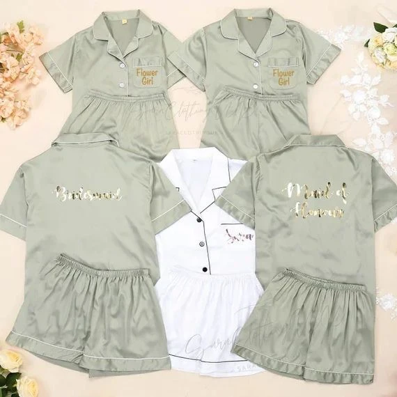 Matching Bridesmaid Pajamas Set Satin Customized Silk Bride Pajamas Bridal Party and Getting Ready Sage Green Pajamas Set