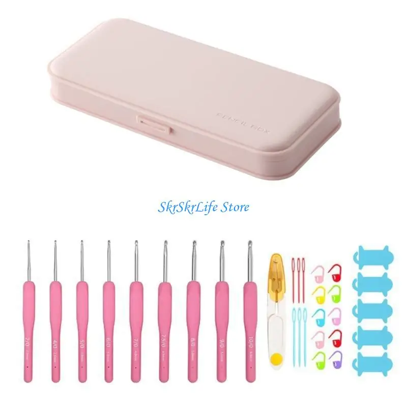E65E 9Pcs Pink Color Crochet Needle Includes Large Eye Needle Knitting Marker Comfortable Grip Crochet Hook For Weaving