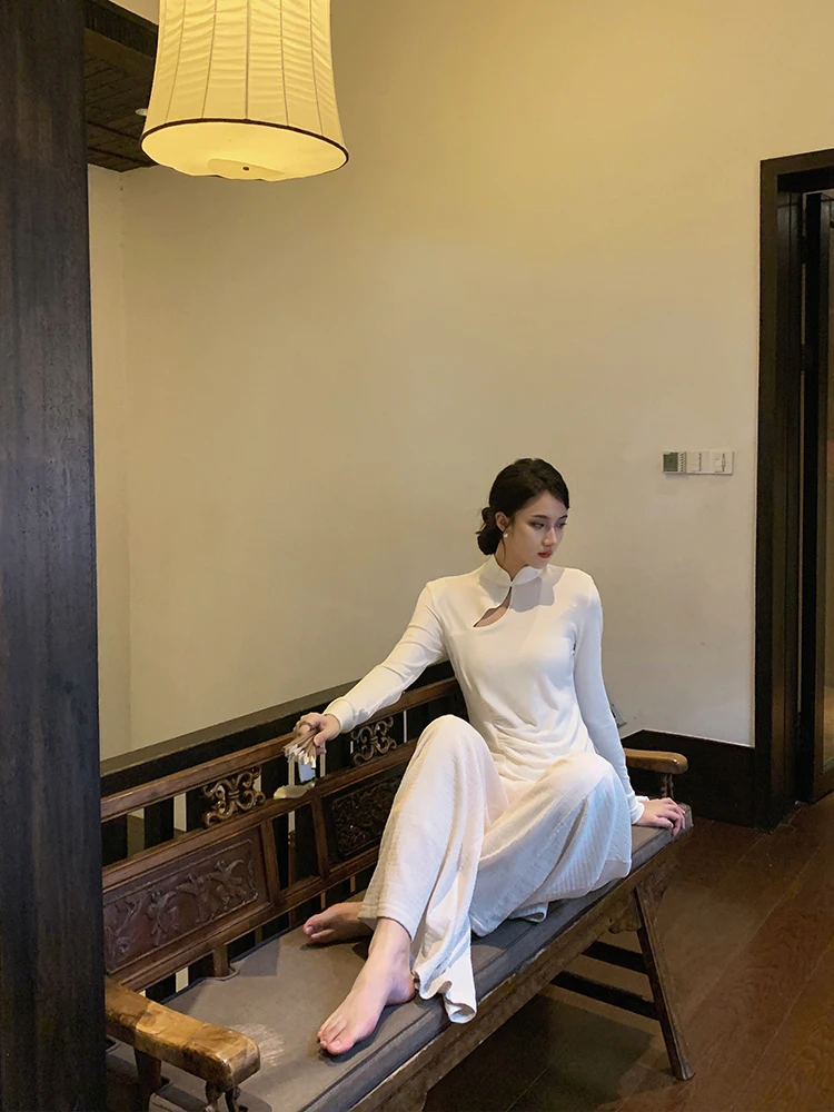 

Новая женская трикотажная футболка-базовый слой в китайском стиле, приталенная, с пуговицами, для осени