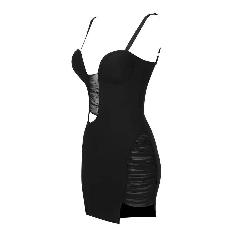 Women\'s Sexy V-Neck Sleeveless Black Hollow Out Mesh Patch Bandage Tight Mini Dress Elegant Fashion Celebrity Party Dress