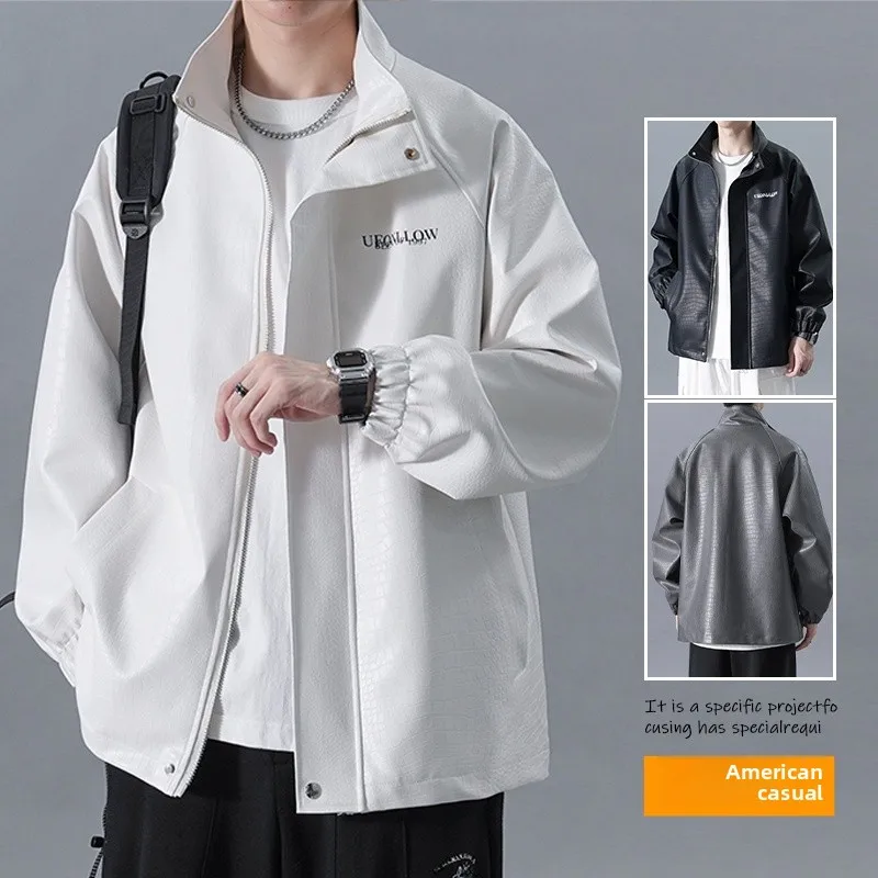 

Новая повседневная кожаная куртка-бомбер с воротником-стойкой для мужчин в американском стиле, крутая, индивидуальная, для создания образа на свидание, верхняя одежда