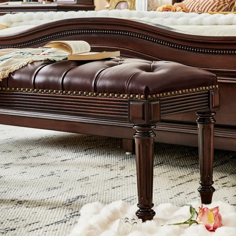 1.3m Solid Teak Bench Oil Wax Finish Gold Silk Upholstery Bedroom End Stool Villa Master Room Furniture