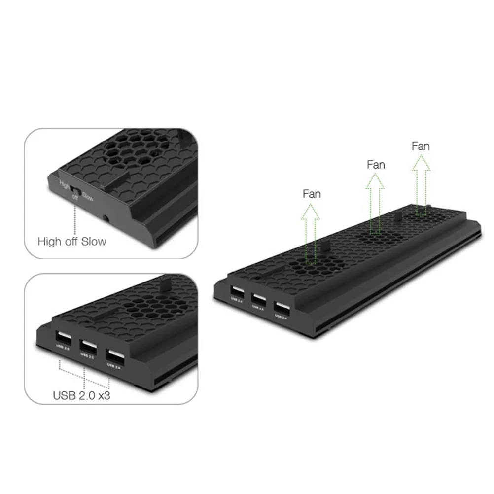 

Professional Game Console Cooling Fan with 2 Wind Settings 3 USB Hubs Light Bar Unique Design for One Black Cooling Fan