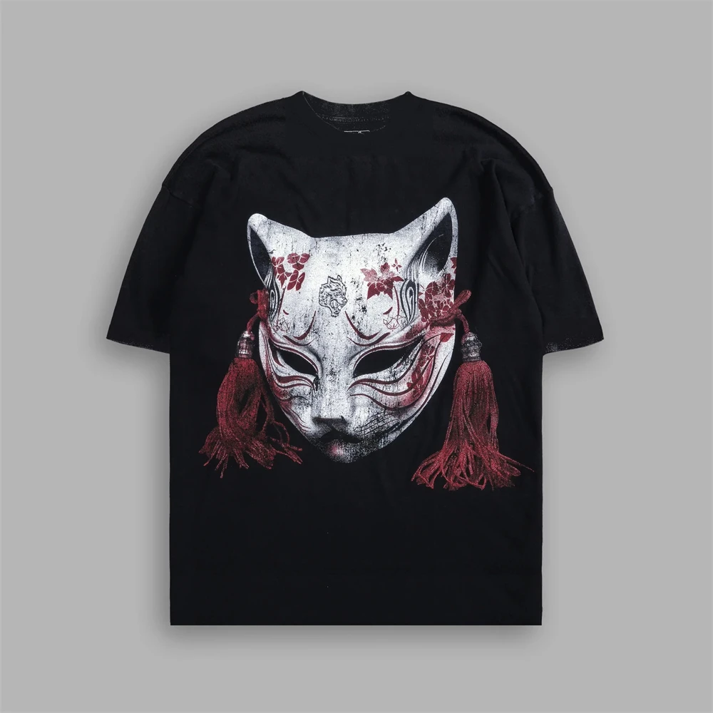 2025 New Japanese Cat Wolves Print 100% Cotton 230G Oversized Men Women Clothing Summer T-shirts Hip Hop Tops Tees US S-XL