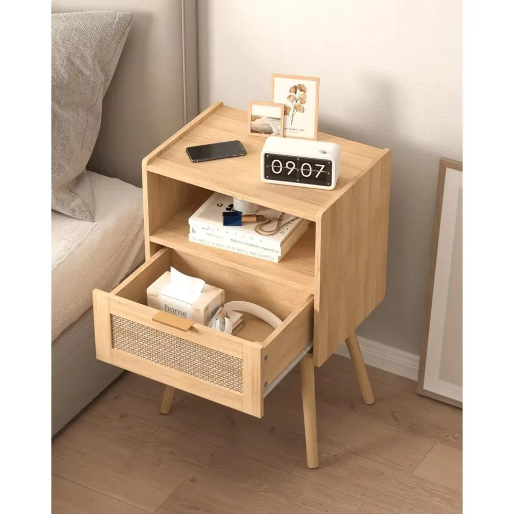 Rattan bedside table with storage drawers and open wooden shelves, bedside table with solid wood legs for easy assembly