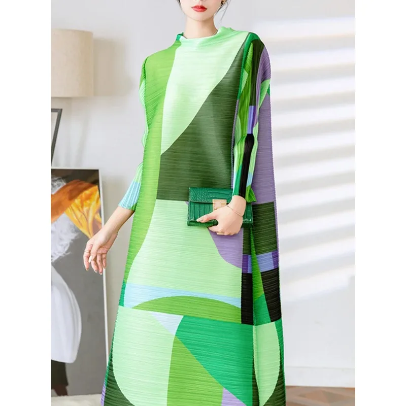 YUDX Miyake Pleated Print Dress For Women Medium Long Stand Collar Niche Design Loose Pullover A Line Female Spring New 2024