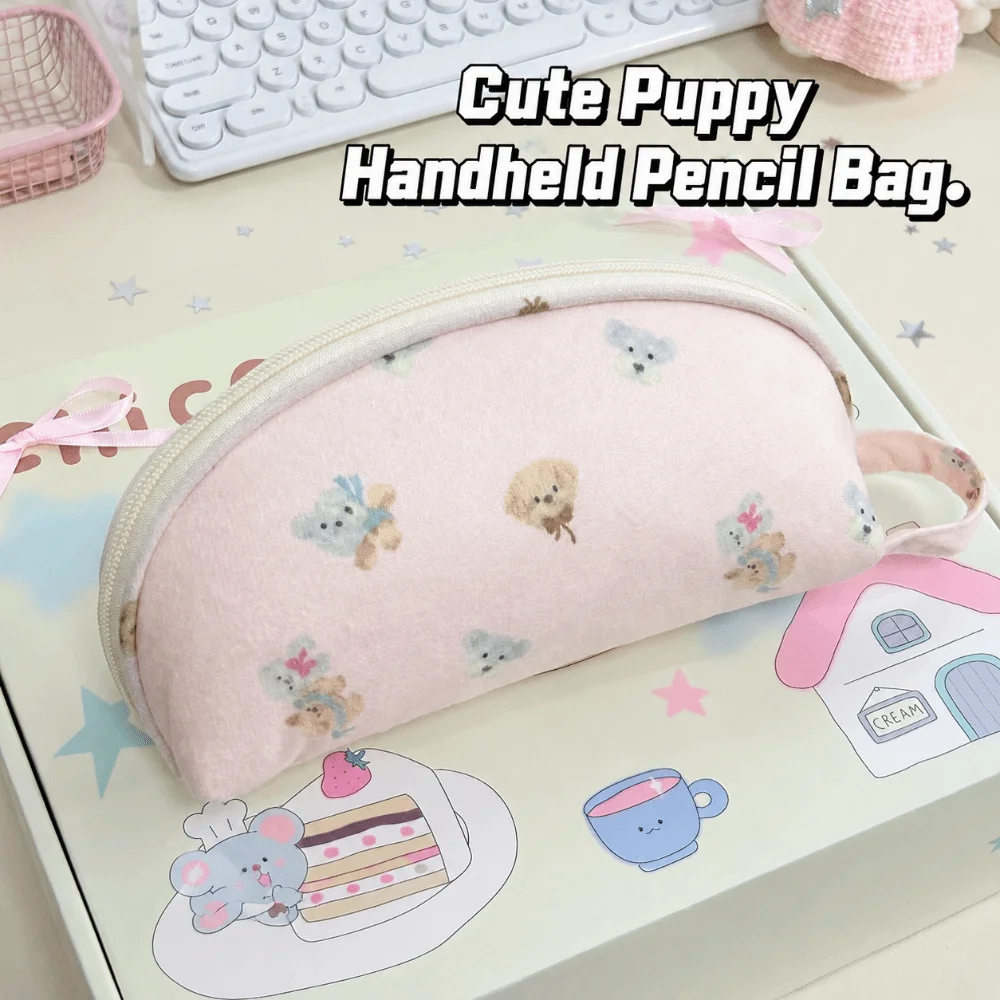 Puppy Print Pencil Case With Handle Shell Shaped Stationery Pouch Large Capacity Multi Compartment Stationery Bag
