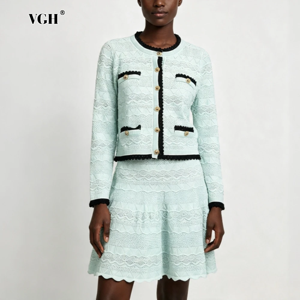 VGH Solide Zweiteiler-Sets für Damen, Rundhalsausschnitt, lange Ärmel, Knöpfe, lockere Oberteile, Minirock für den Sommer, eleganter, alltäglicher, lässiger Stil