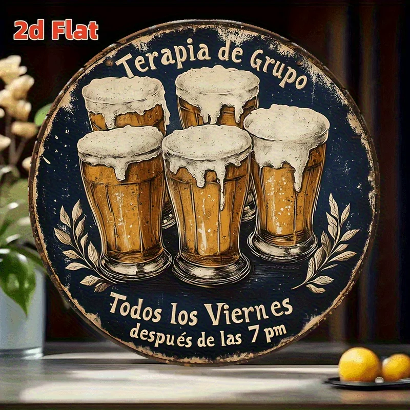 لوحة فنية جدارية من الألومنيوم على شكل بيرة إسبانية عتيقة مقاس 8 بوصات - ديكور بار ريفي مع نص إسباني وتصميم كوب بيرة، لا حاجة إلى بطاريات، #3