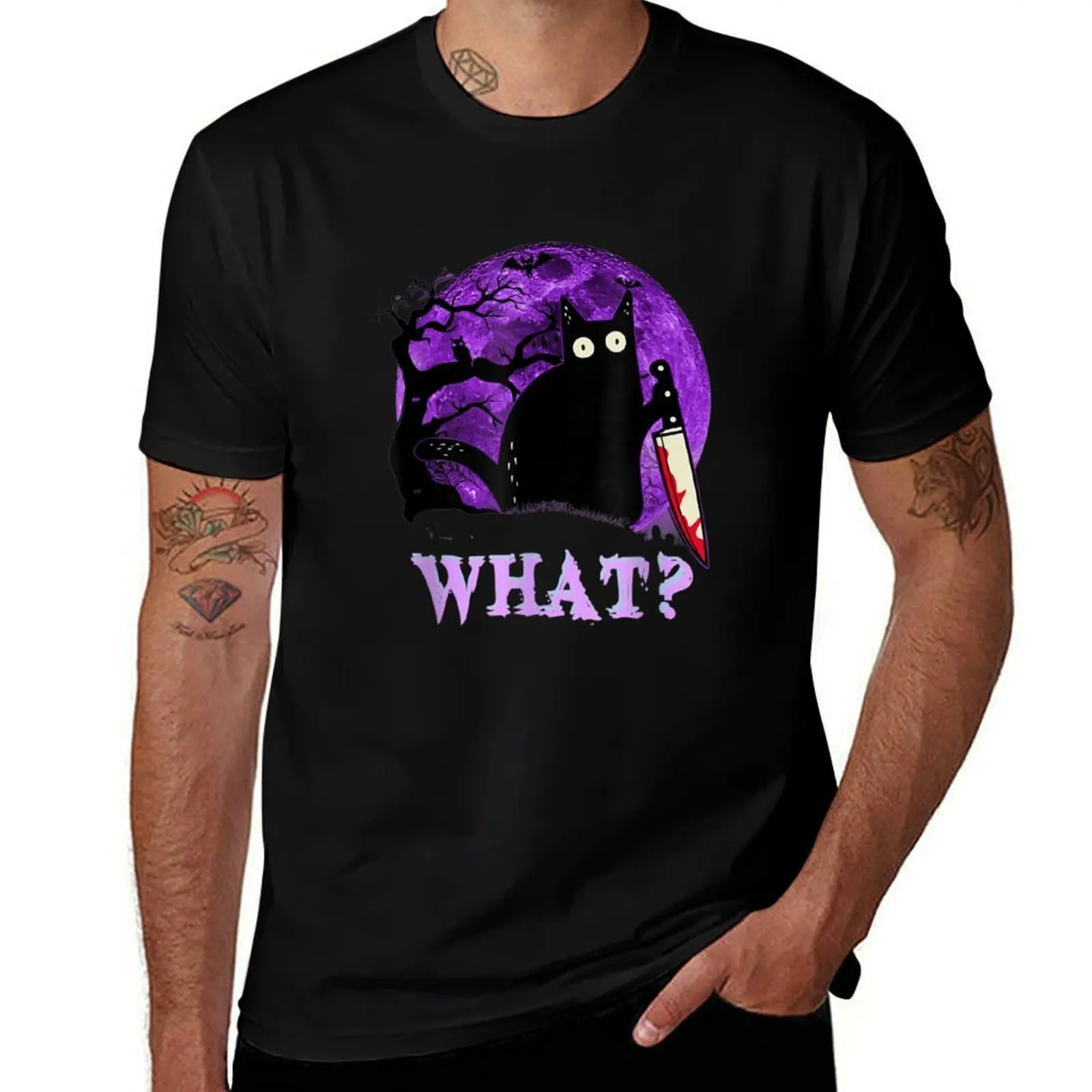Футболка Cat What Black Cat, Cat With Knife HALLOWEEN, подарки для парня, синие архивные роскошные дизайнерские черные футболки для мужчин