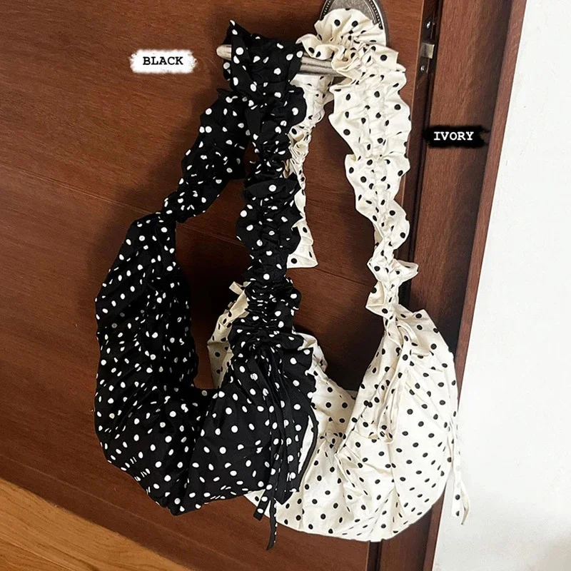 Korean Ins Style Polka Dot Ruffled Crescent Hobo Shoulder Bag Soft Lightweight Crossbody Bag For Women Daily Shopping Travel New