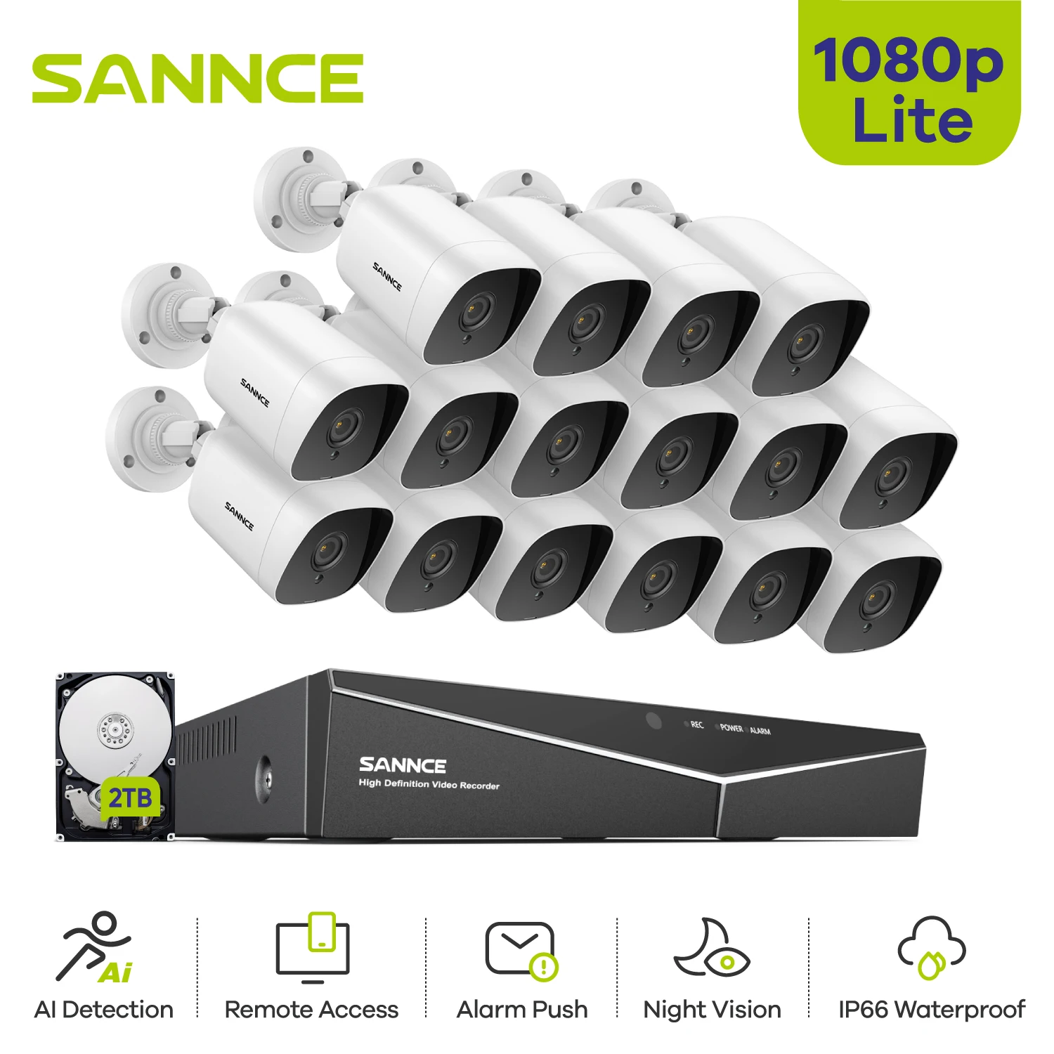 SANNCE 16CH 1080P Lite Video Security System 5 IN 1 1080N DVR With 16pcs Outdoor Weatherproof CCTV Video Surveillance Cameras