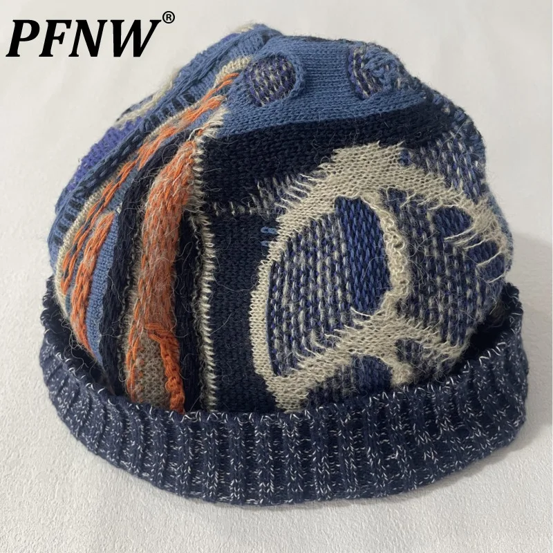 PFNW Unisex Trendy Hats Vintage Knitting Hats Colorblock Patchwork Casual High Street Tide Cooling Cap Autumn Winter New 12C1421