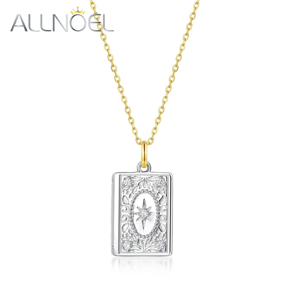 ALLNOEL Retro Photo Box Frame Pendant 925 Sterling Sliver Necklace for Women Double Side Star Flower Relief Gold Gifts Jewelry