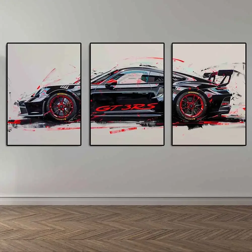 سيارة رياضية فائقة شعبية عصرية GT3 RS جرافيتي جدار الفن، ملصق مطبوع قماش عالي الدقة، المنزل، غرفة المعيشة، ديكور الغرفة