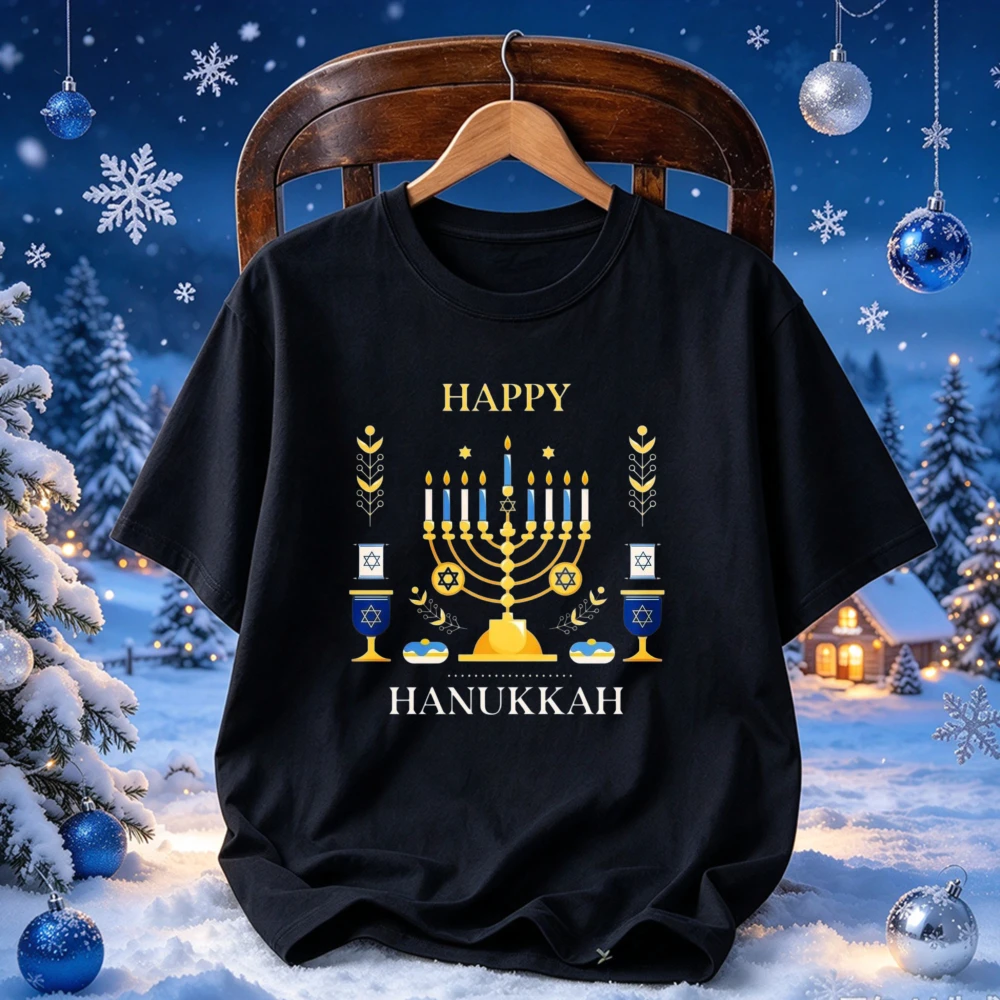 Happy Hanukkah Golden Menorah Star of David Wine Cup Donut Holiday Ornament Graphic Print Tees Jewish Festival of Lights T-Shirt