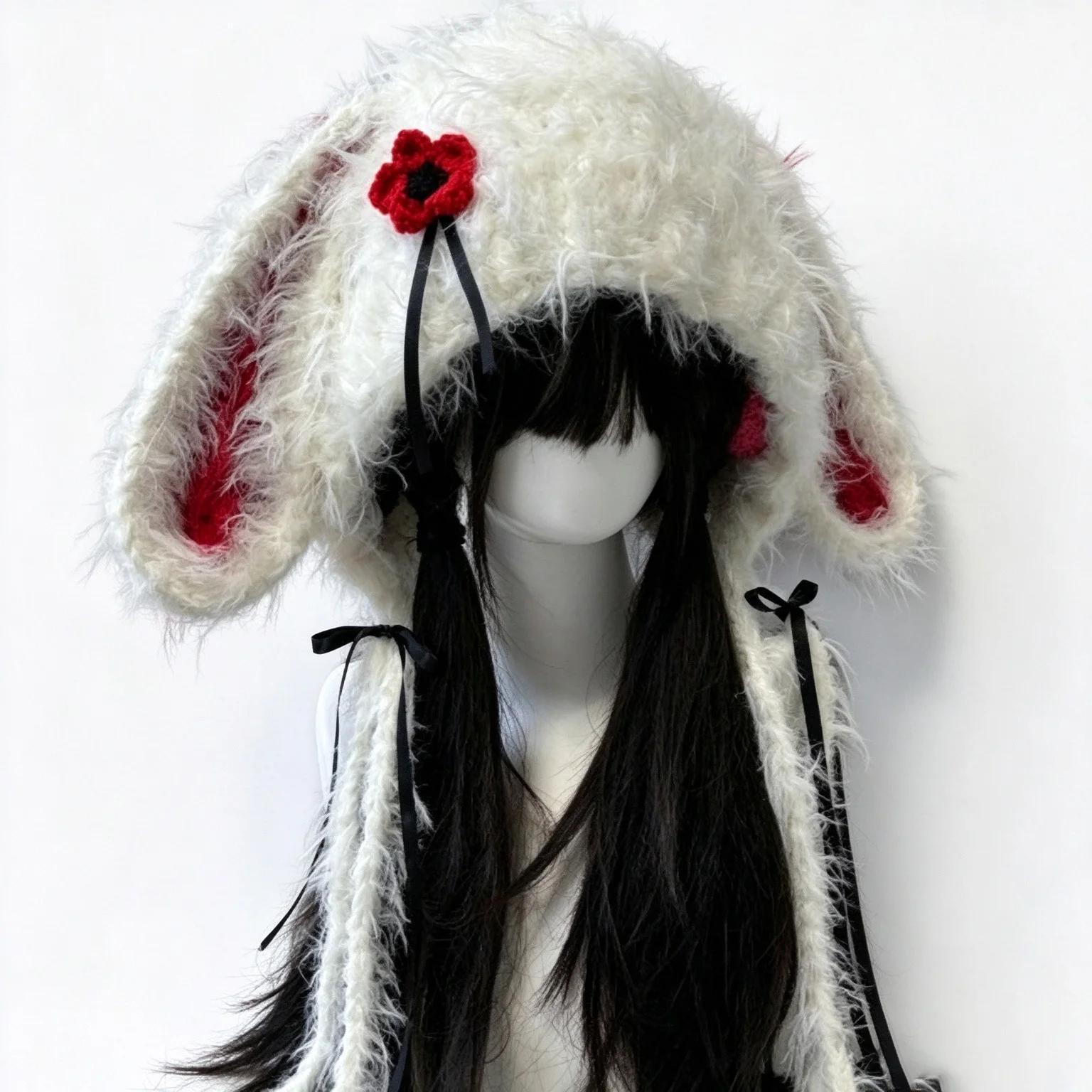 Handmade White Red Bunny Rabbit Ears Hood Hat Women Winter Warm Custom Crochet Floral Bow Knit Beanie Girl Kawaii Cosplay Caps