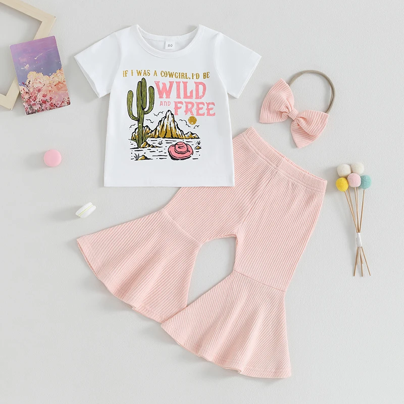 

Kid Girls Pants Set, Short Sleeve Crew Neck Letters Print T-shirt with Flare Pants Headband Summer Outfit