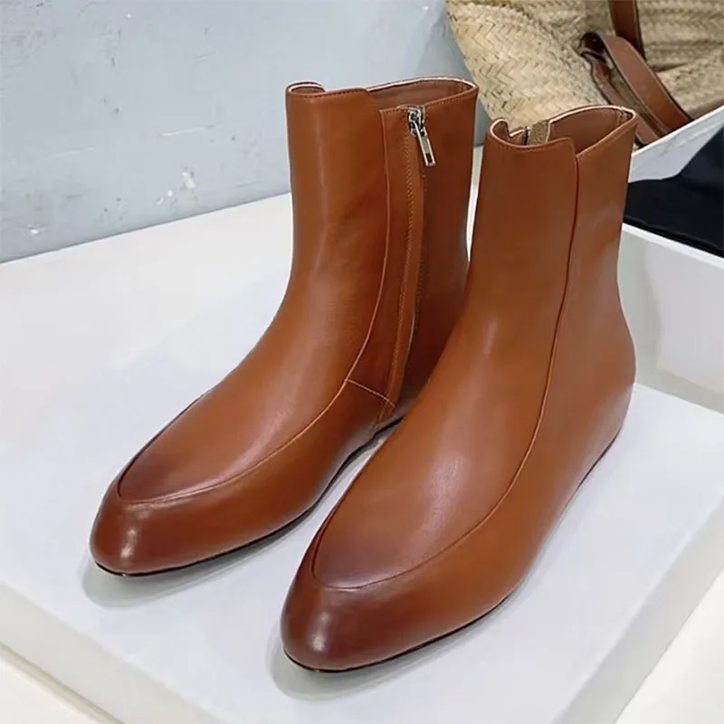 

New Ankle Boots For Women Genuine Leather Height Increasing Shoes Woman Round Toe Black Brown White Short Boots Woman Botas