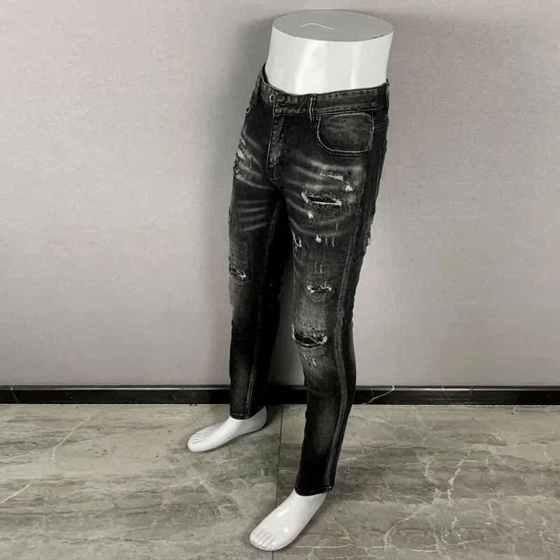 

Y2K Fashion New Men's Jeans Wrinkle Scratch Washed Water Nostalgic Stretch Slim Black Grey Retro Jeans High Street Hip Hop