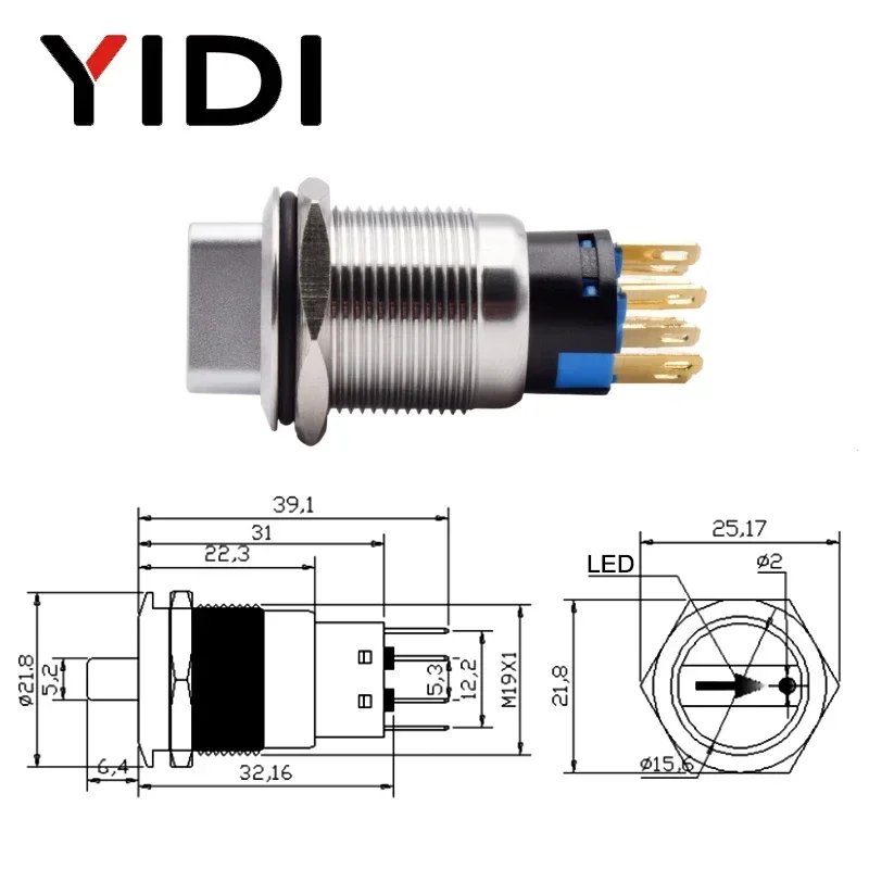 19mm 2 3 Position Metal Selector Rotary Push Button Switch Latching SPDT 12V 220V LED Stainless Steel ON OFF Knob Switch 1NO 1NC view 5