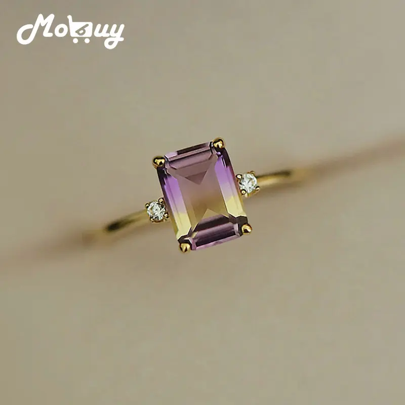 MoBuy Vintage Natural Ametrine Ring For Women Square Amethyst Gemstone Rings 925 Sterling Silver Gold Plated Fine Jewelry RI191