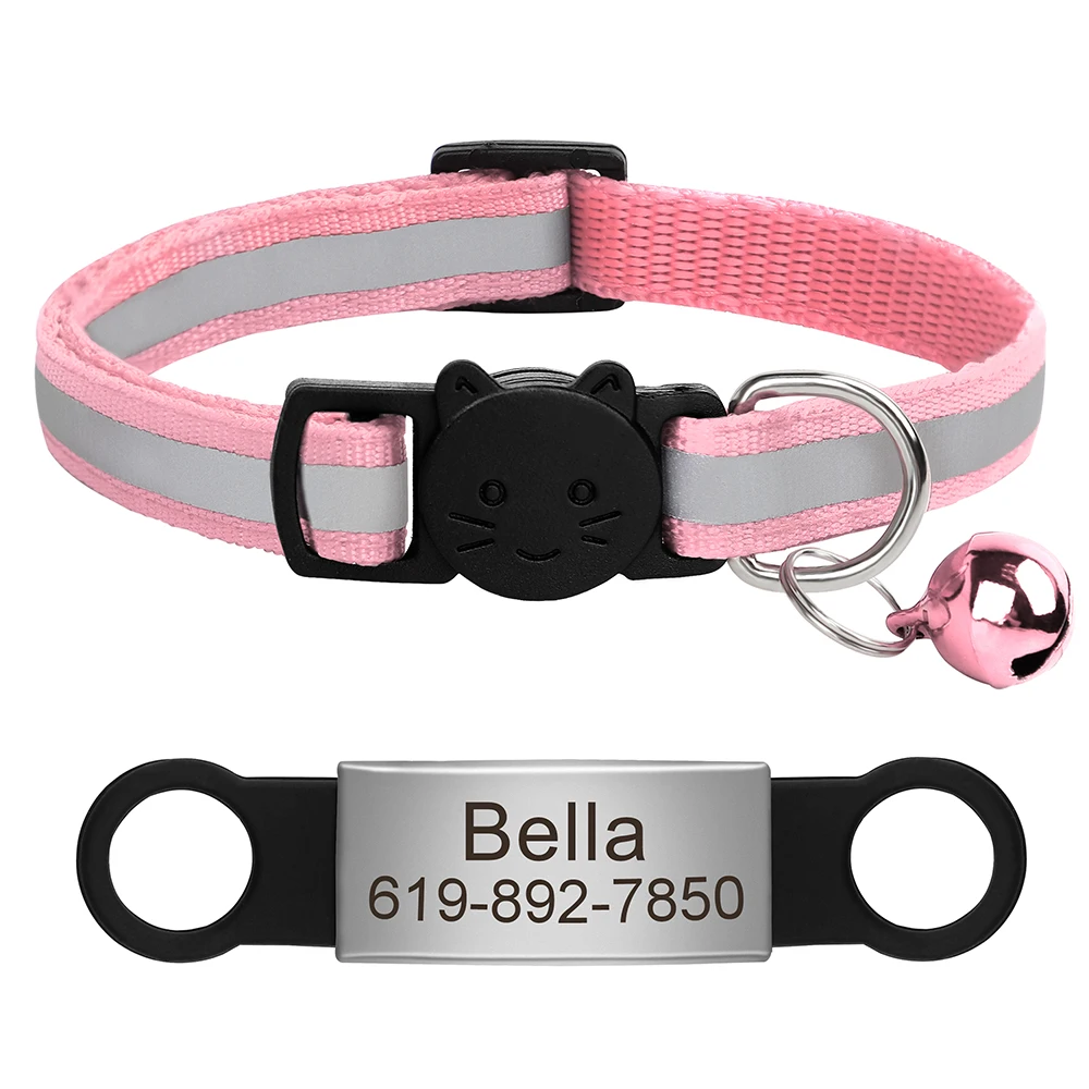Aangepaste kattenhalsband Reflecterende kattenhalsband Gratis gegraveerd Puppy Kitten Huisdier ID Naambordketting met bel Anti-verloren voor katten